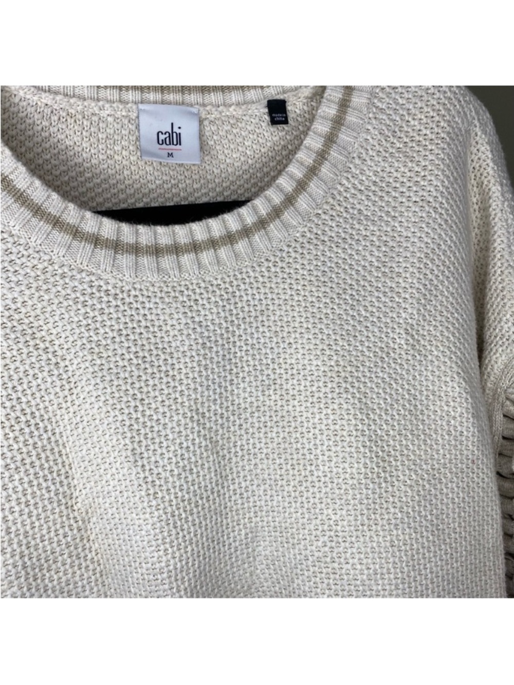 Cabi Relaxed Cream Knit Crewneck Sweater Lace-Inset - Picture 3 of 9